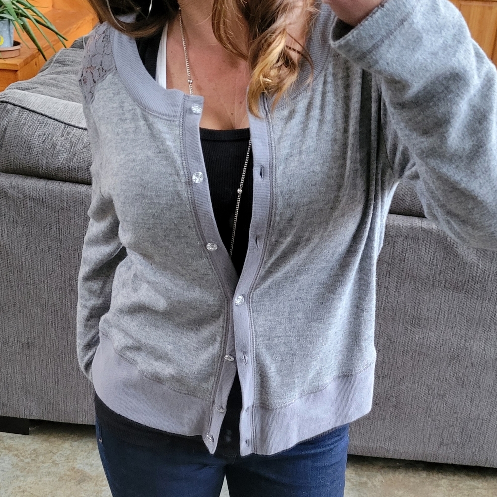 Vera Wang Cardigan Gray Princess Crystal Button Lace Back Lightweight Sweater XL